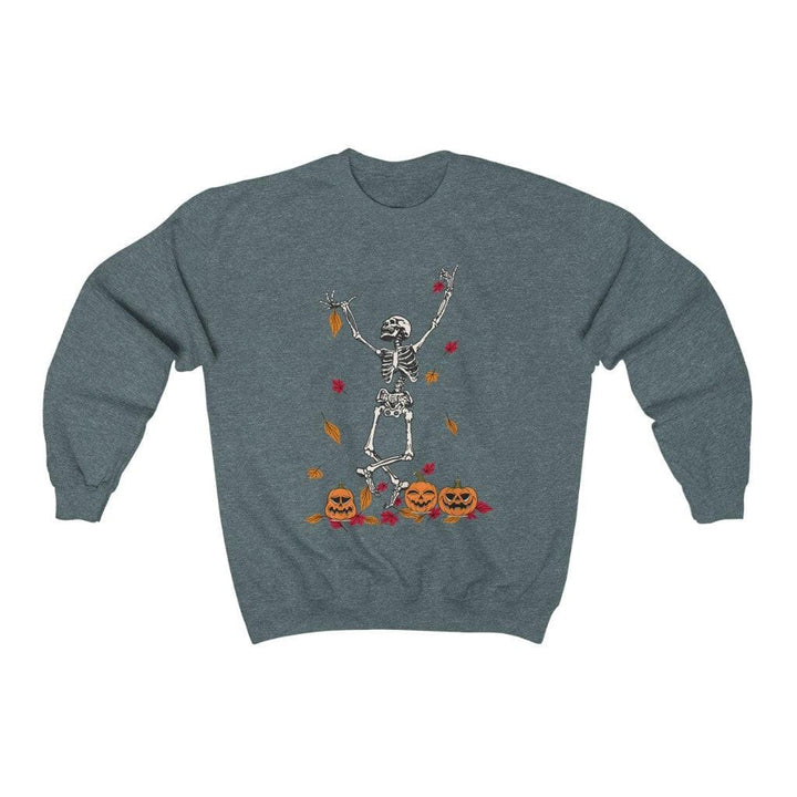 Funny Dancing Skeleton with Pumpkins sweatshirt for halloween or Fall Sweatshirt S / Dark Heather Uber Elegant Clothing